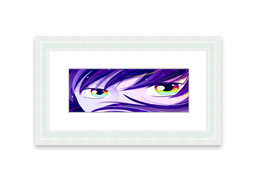 A vibrant framed print of Anime Rainbow Eyes featuring colorful anime-style artwork, available in various frame colors.