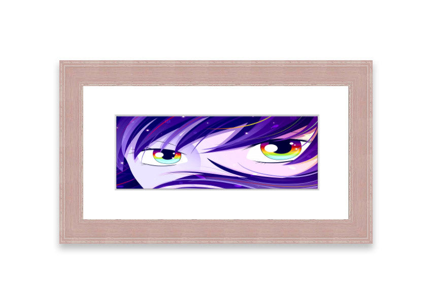 A vibrant framed print of Anime Rainbow Eyes featuring colorful anime-style artwork, available in various frame colors.