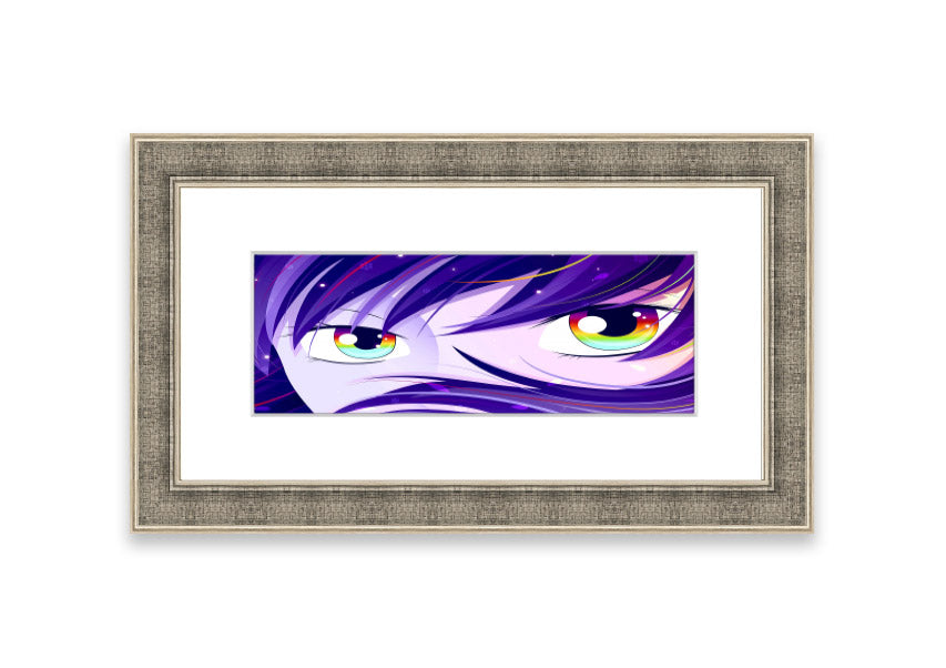 A vibrant framed print of Anime Rainbow Eyes featuring colorful anime-style artwork, available in various frame colors.
