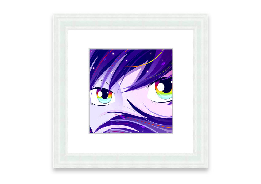 A vibrant framed print of Anime Rainbow Eyes featuring colorful anime-style artwork, available in various frame colors.