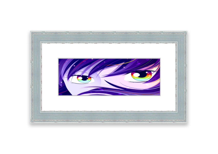 A vibrant framed print of Anime Rainbow Eyes featuring colorful anime-style artwork, available in various frame colors.