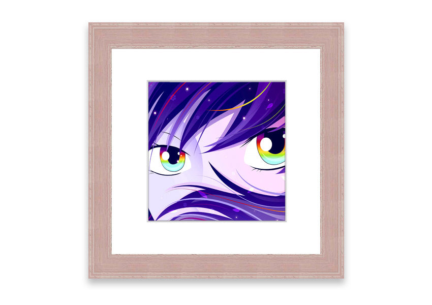 A vibrant framed print of Anime Rainbow Eyes featuring colorful anime-style artwork, available in various frame colors.