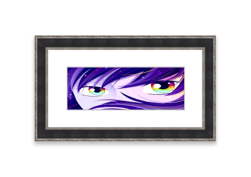 A vibrant framed print of Anime Rainbow Eyes featuring colorful anime-style artwork, available in various frame colors.