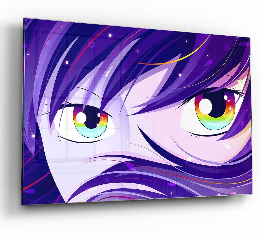 A vibrant glass print featuring anime-style rainbow eyes, showcasing intricate details and colorful design.