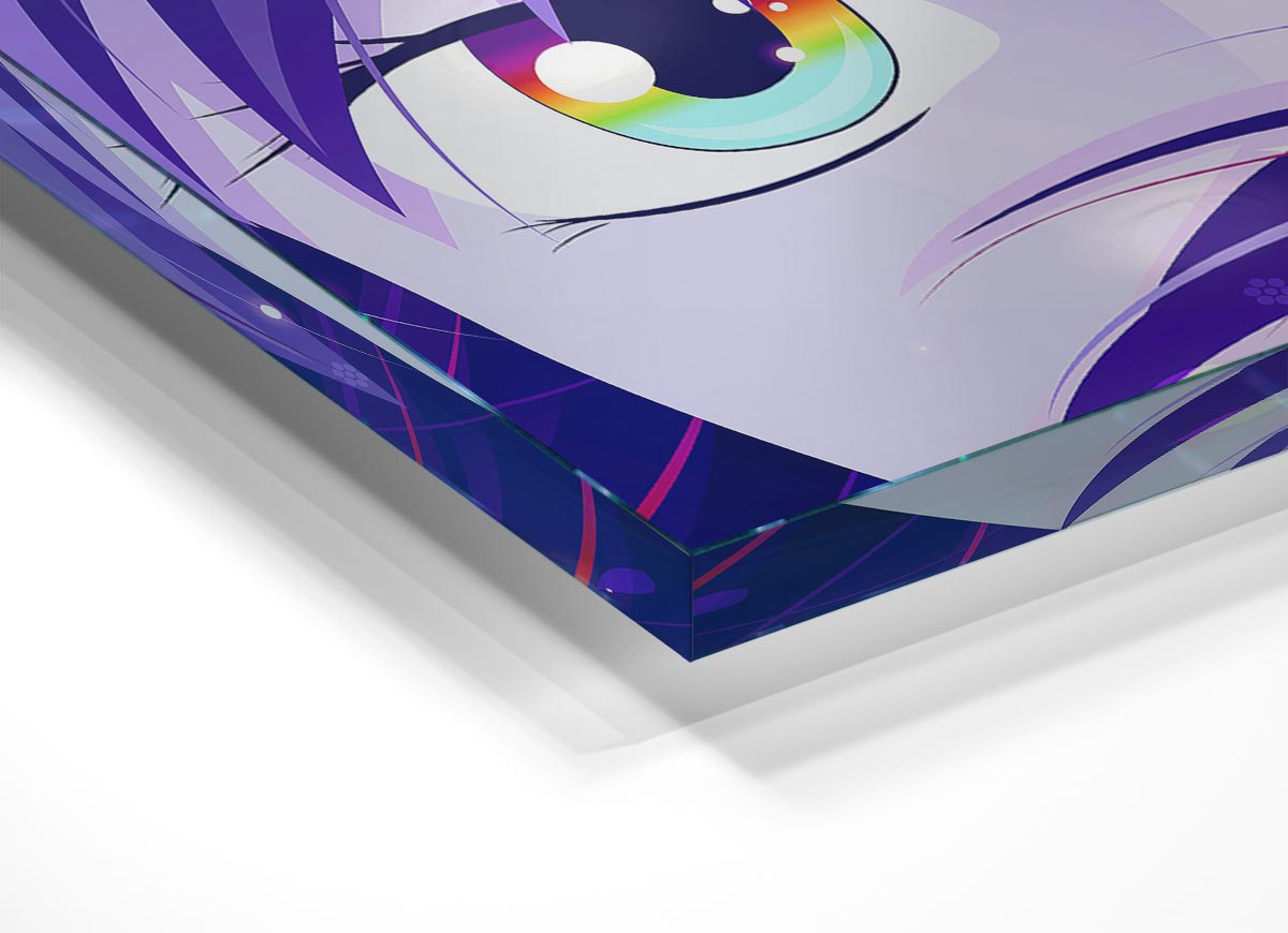 A vibrant glass print featuring anime-style rainbow eyes, showcasing intricate details and colorful design.