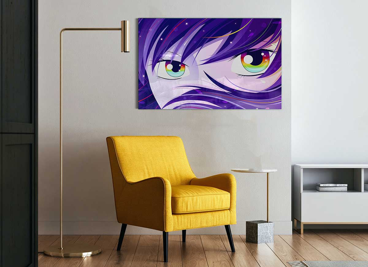 A vibrant glass print featuring anime-style rainbow eyes, showcasing intricate details and colorful design.