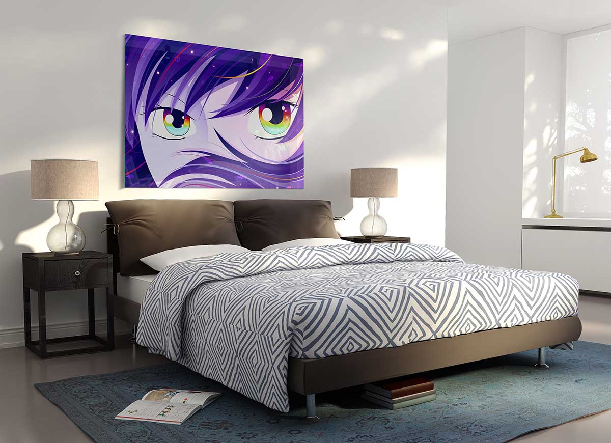 A vibrant glass print featuring anime-style rainbow eyes, showcasing intricate details and colorful design.