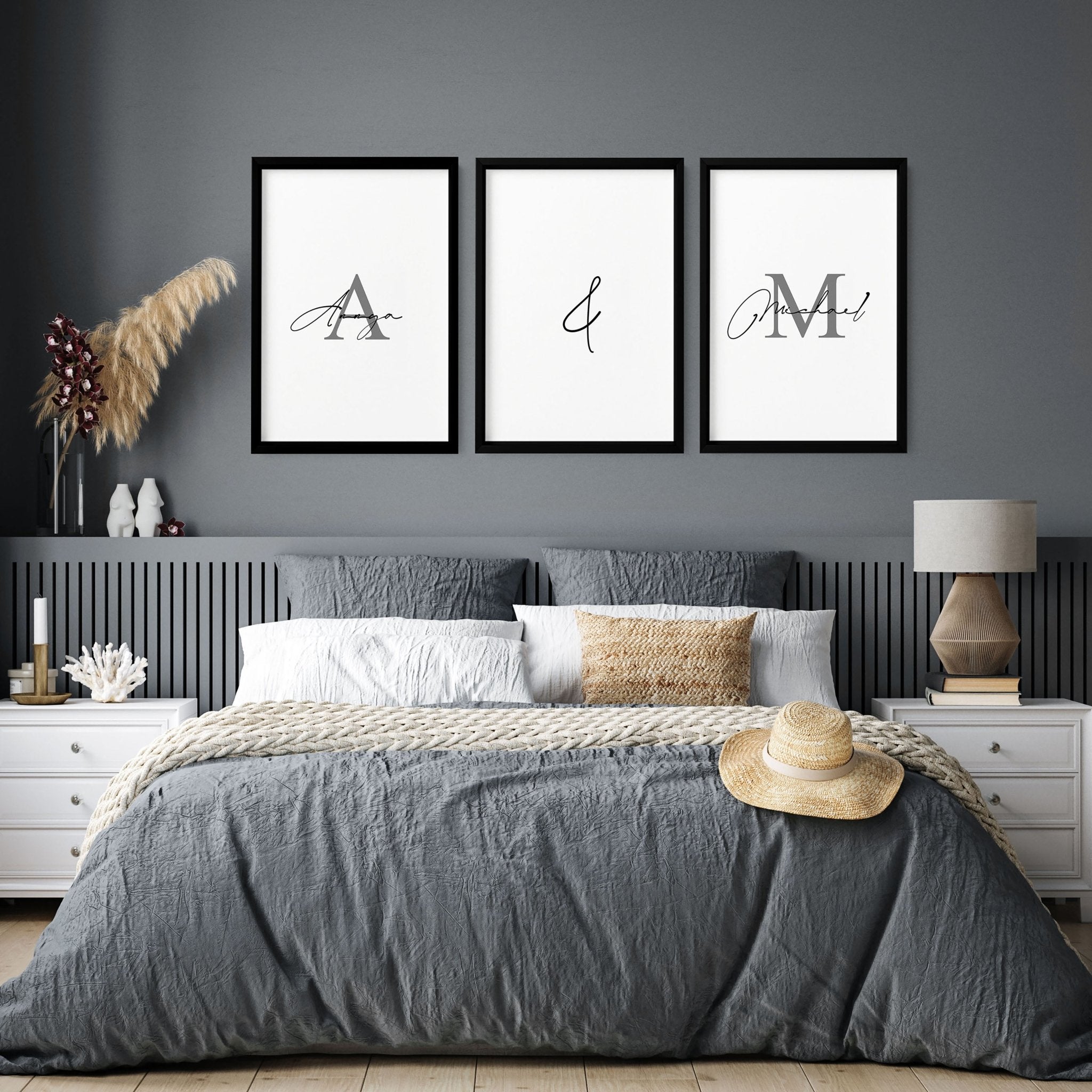 Set of 3 personalized wall art prints for couples, featuring elegant black and white designs, perfect for bedroom decor.