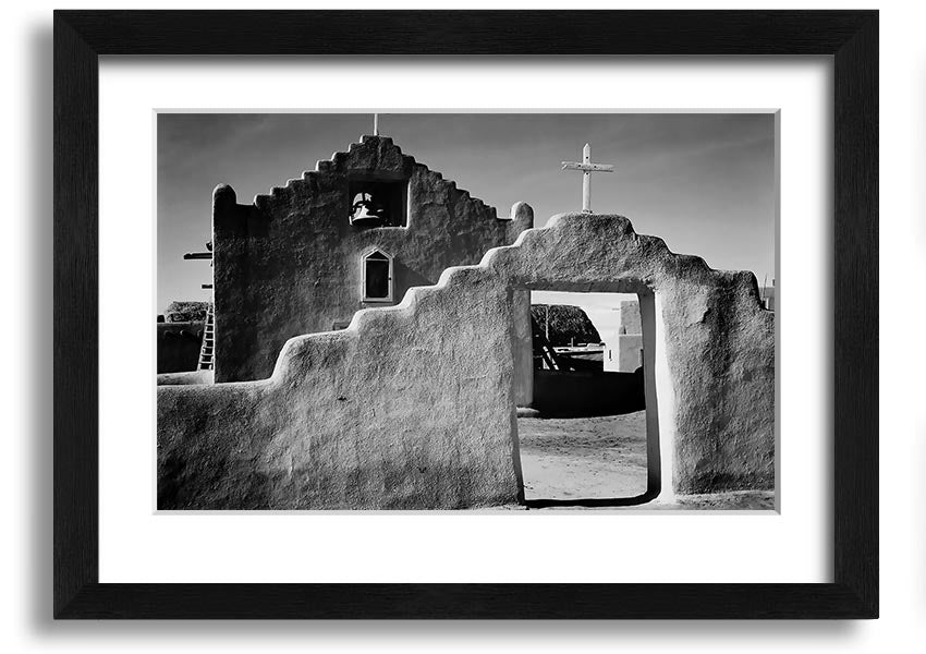Framed print of Ansel Adams' Church in Taos Pueblo, showcasing stunning architecture and landscape.