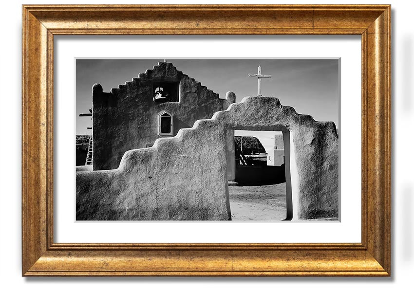 Framed print of Ansel Adams' Church in Taos Pueblo, showcasing stunning architecture and landscape.
