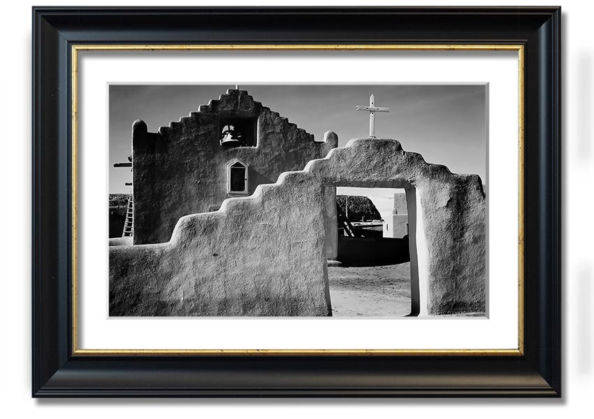 Framed print of Ansel Adams' Church in Taos Pueblo, showcasing stunning architecture and landscape.