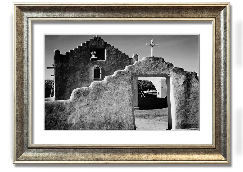 Framed print of Ansel Adams' Church in Taos Pueblo, showcasing stunning architecture and landscape.