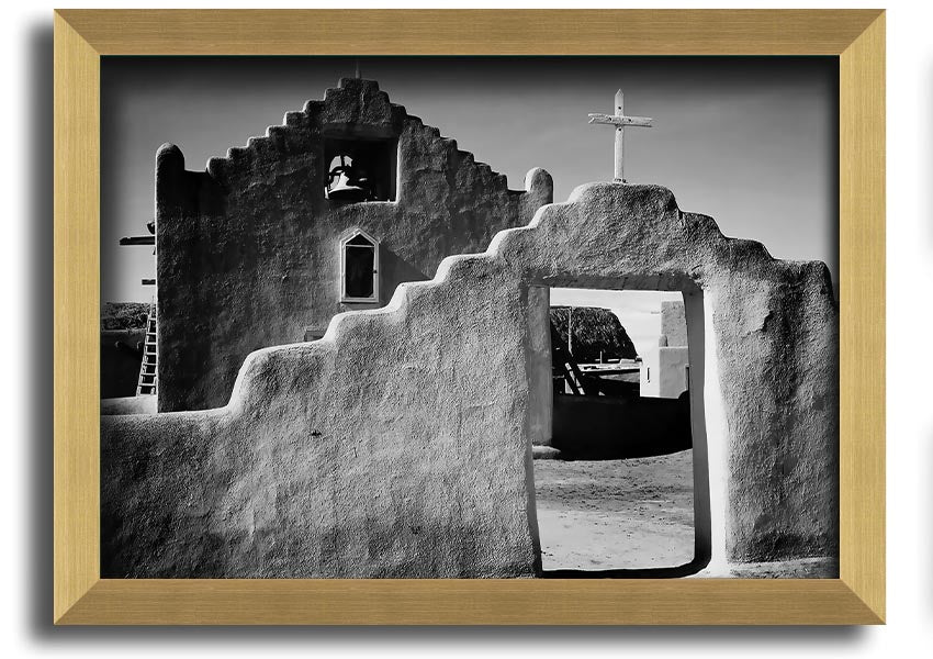 Framed print of Ansel Adams' Church in Taos Pueblo, showcasing stunning architecture and landscape.