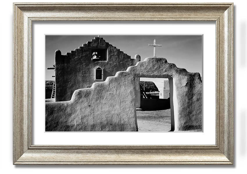 Framed print of Ansel Adams' Church in Taos Pueblo, showcasing stunning architecture and landscape.