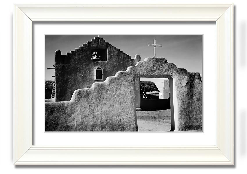 Framed print of Ansel Adams' Church in Taos Pueblo, showcasing stunning architecture and landscape.