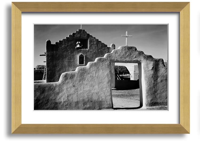 Framed print of Ansel Adams' Church in Taos Pueblo, showcasing stunning architecture and landscape.