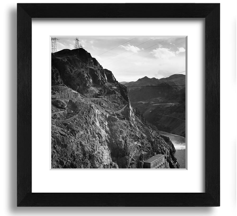 Framed print of Ansel Adams' Cliffs Above Boulder Dam, showcasing stunning cliffs and serene waters.