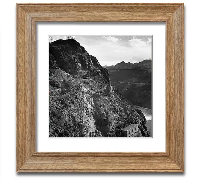 Framed print of Ansel Adams' Cliffs Above Boulder Dam, showcasing stunning cliffs and serene waters.