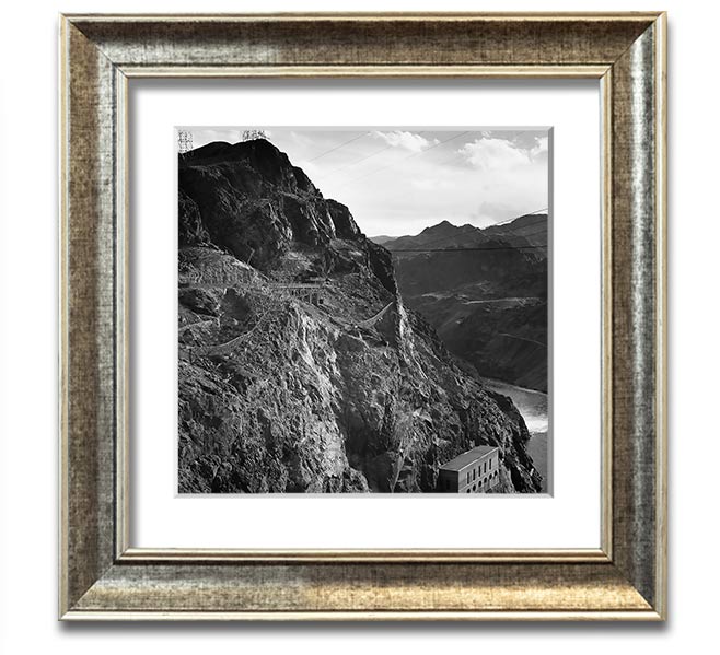 Framed print of Ansel Adams' Cliffs Above Boulder Dam, showcasing stunning cliffs and serene waters.