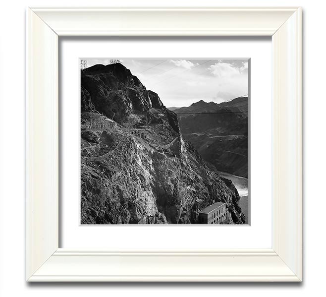 Framed print of Ansel Adams' Cliffs Above Boulder Dam, showcasing stunning cliffs and serene waters.