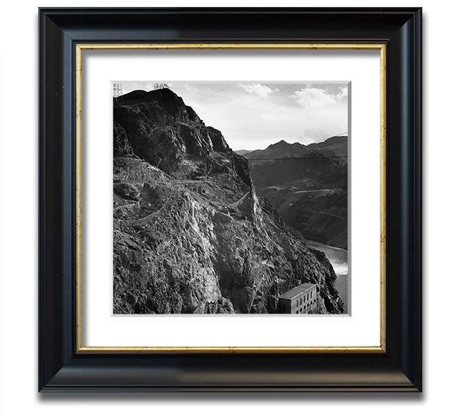 Framed print of Ansel Adams' Cliffs Above Boulder Dam, showcasing stunning cliffs and serene waters.