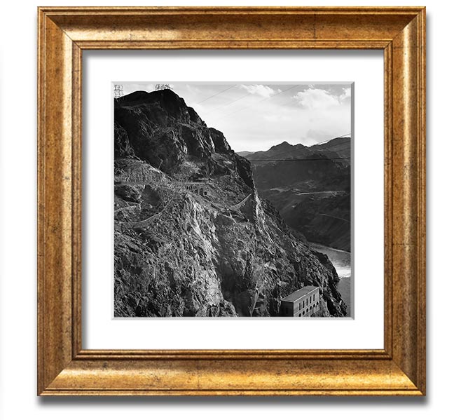 Framed print of Ansel Adams' Cliffs Above Boulder Dam, showcasing stunning cliffs and serene waters.