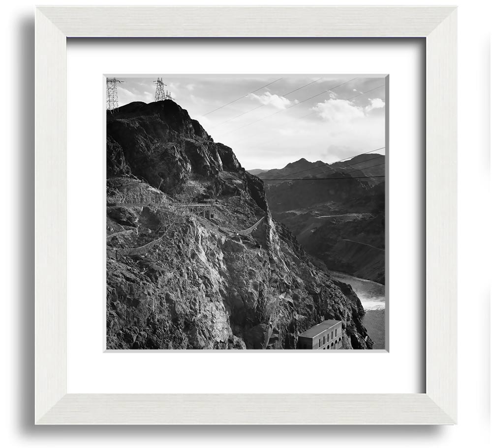 Framed print of Ansel Adams' Cliffs Above Boulder Dam, showcasing stunning cliffs and serene waters.