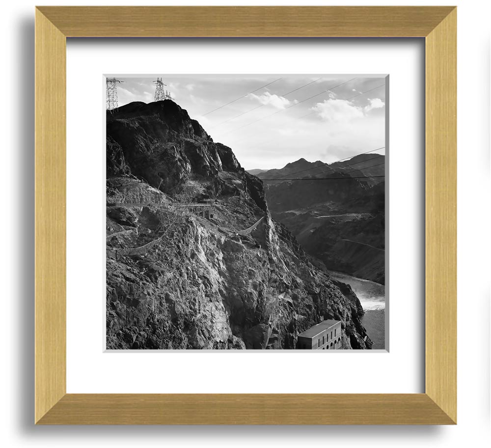 Framed print of Ansel Adams' Cliffs Above Boulder Dam, showcasing stunning cliffs and serene waters.