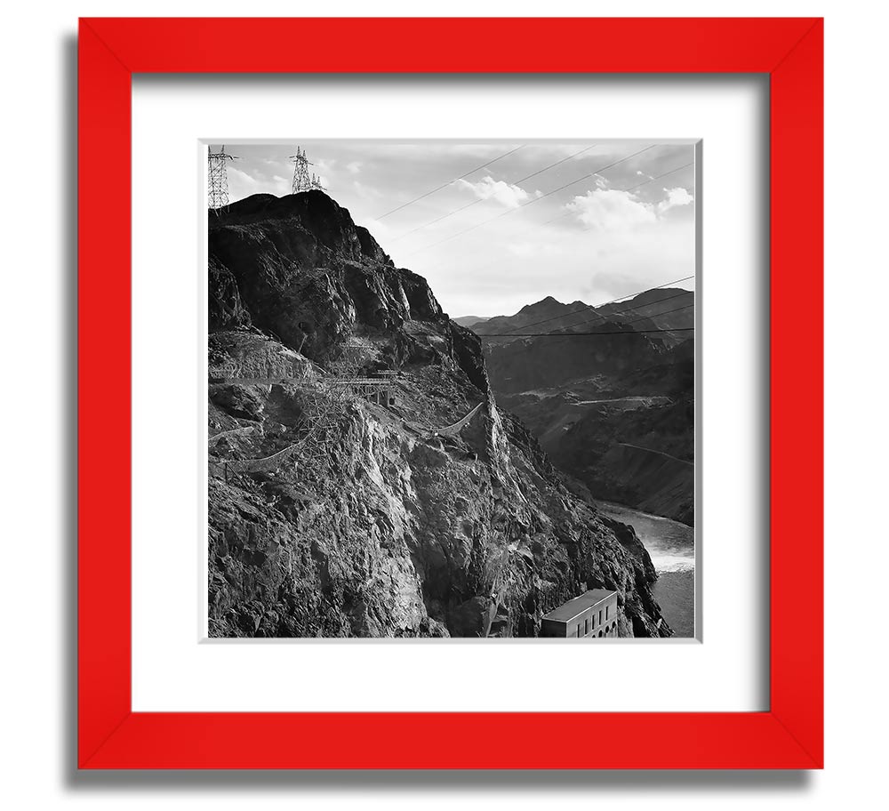 Framed print of Ansel Adams' Cliffs Above Boulder Dam, showcasing stunning cliffs and serene waters.