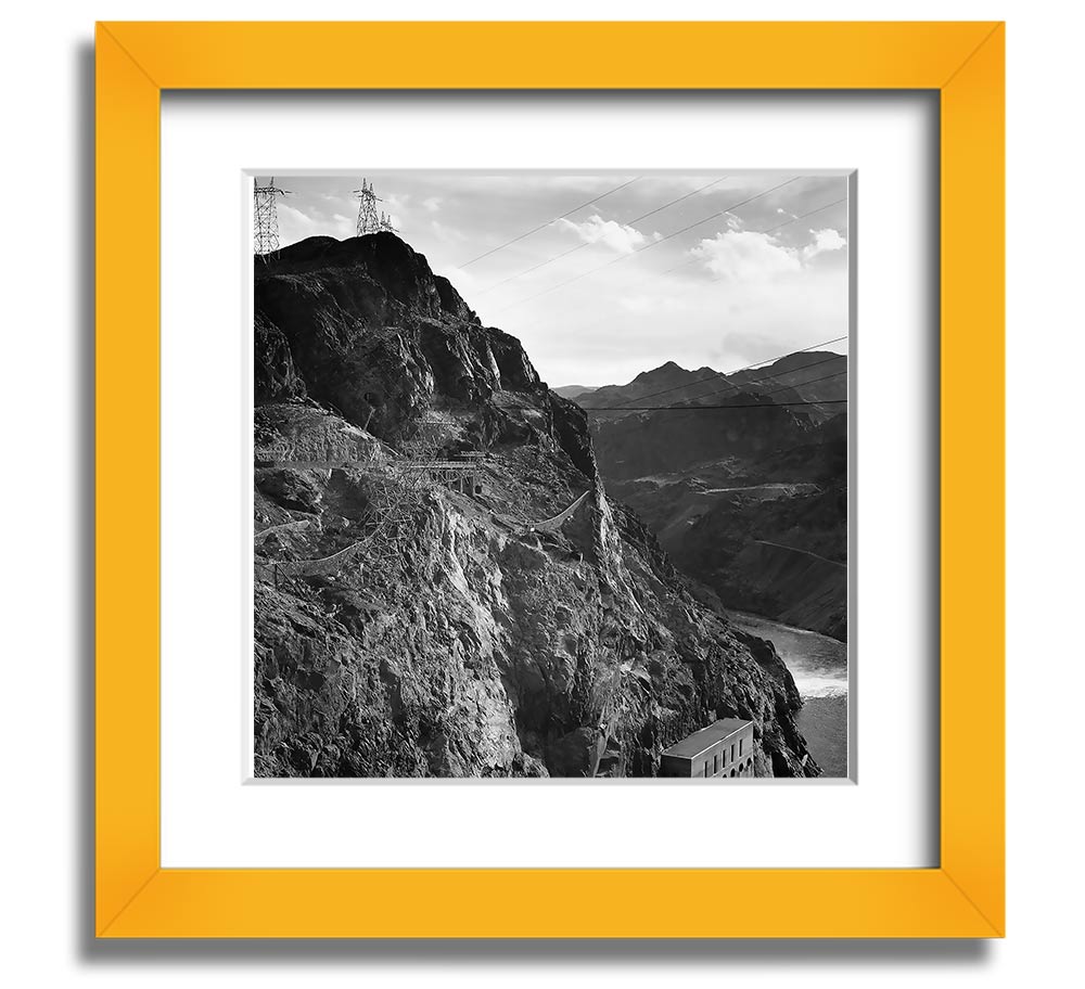 Framed print of Ansel Adams' Cliffs Above Boulder Dam, showcasing stunning cliffs and serene waters.