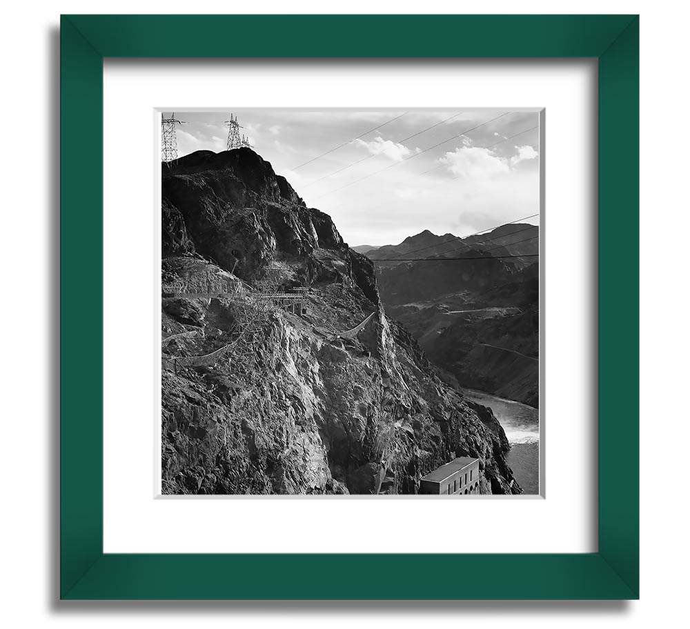 Framed print of Ansel Adams' Cliffs Above Boulder Dam, showcasing stunning cliffs and serene waters.