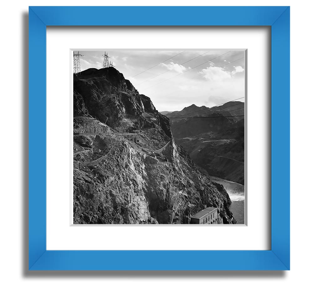 Framed print of Ansel Adams' Cliffs Above Boulder Dam, showcasing stunning cliffs and serene waters.
