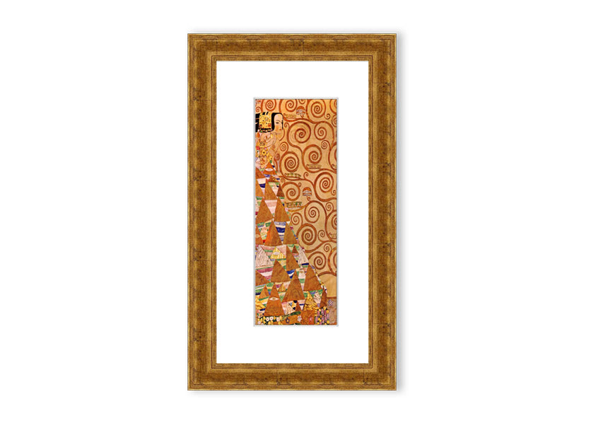 Framed print of 'Anticipation' by Klimt, showcasing intricate patterns and vibrant colors, ready to hang.