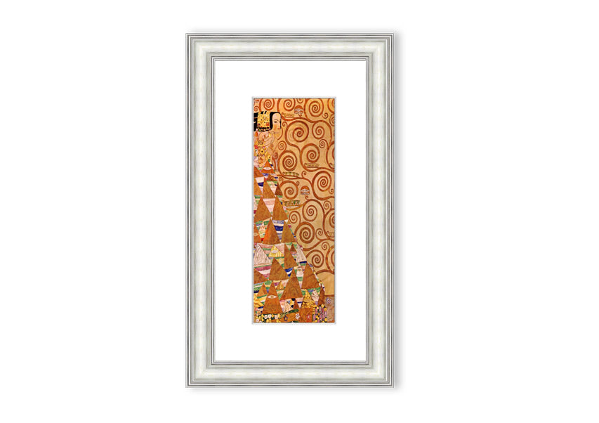 Framed print of 'Anticipation' by Klimt, showcasing intricate patterns and vibrant colors, ready to hang.
