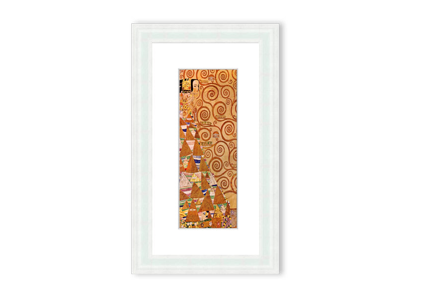 Framed print of 'Anticipation' by Klimt, showcasing intricate patterns and vibrant colors, ready to hang.