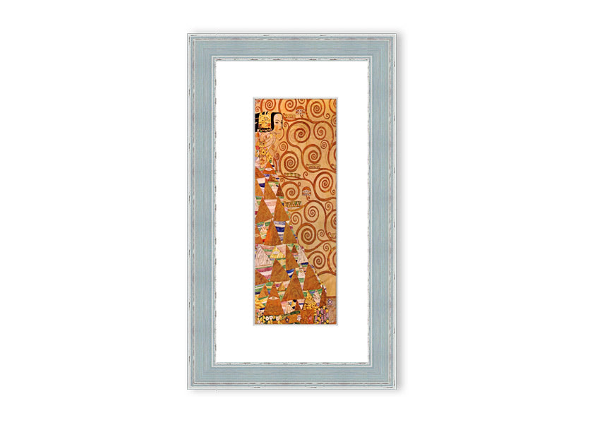 Framed print of 'Anticipation' by Klimt, showcasing intricate patterns and vibrant colors, ready to hang.