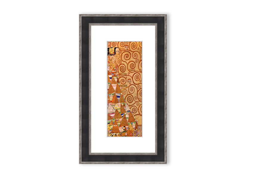 Framed print of 'Anticipation' by Klimt, showcasing intricate patterns and vibrant colors, ready to hang.