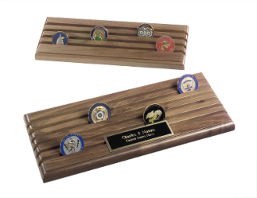Handcrafted Antique Coin Display Holder made of oak and cherry wood, showcasing military challenge coins elegantly.