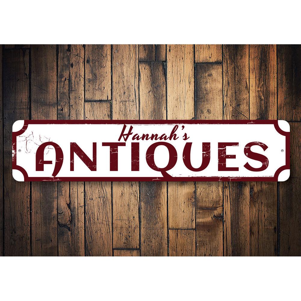 A beautifully crafted Antiques Sign made of high-quality aluminum, featuring customizable text and pre-drilled holes for easy mounting.