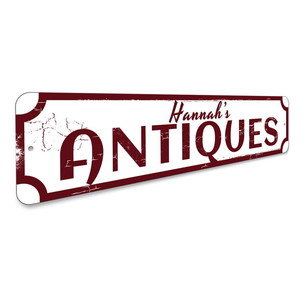 A beautifully crafted Antiques Sign made of high-quality aluminum, featuring customizable text and pre-drilled holes for easy mounting.