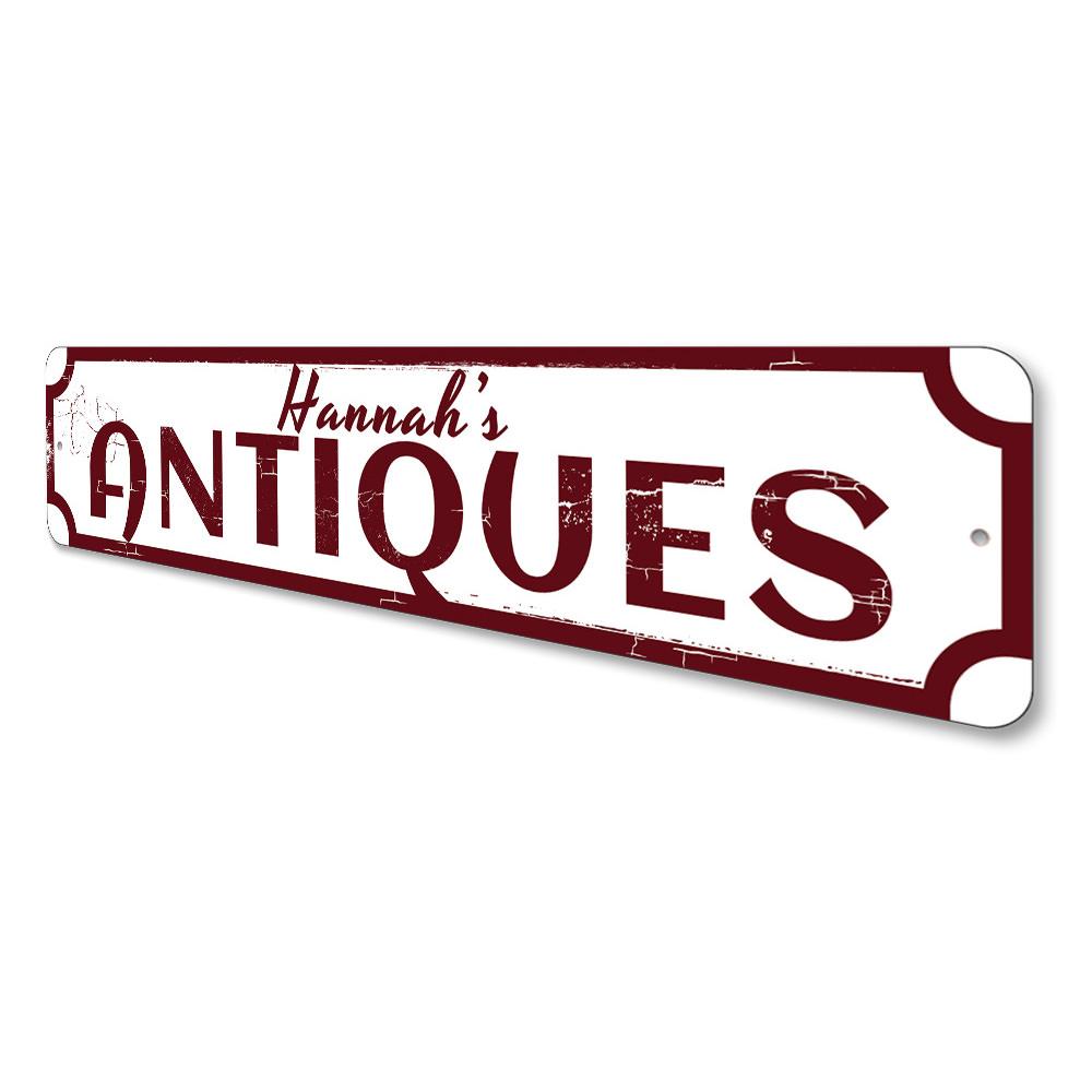 A beautifully crafted Antiques Sign made of high-quality aluminum, featuring customizable text and pre-drilled holes for easy mounting.