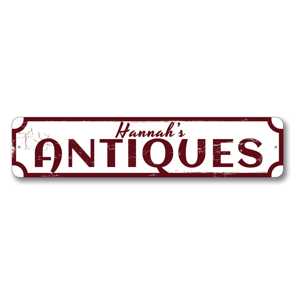 A beautifully crafted Antiques Sign made of high-quality aluminum, featuring customizable text and pre-drilled holes for easy mounting.