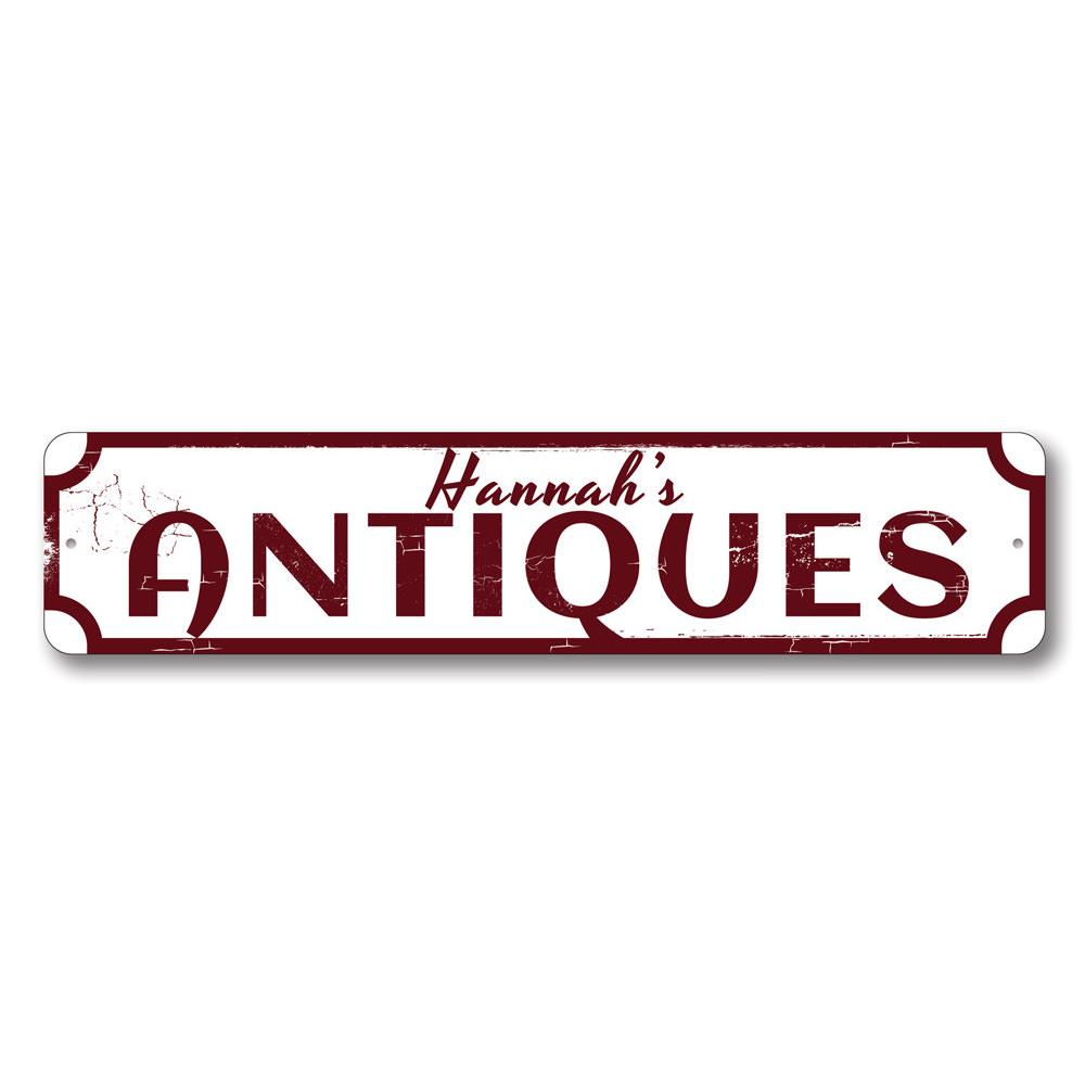 A beautifully crafted Antiques Sign made of high-quality aluminum, featuring customizable text and pre-drilled holes for easy mounting.