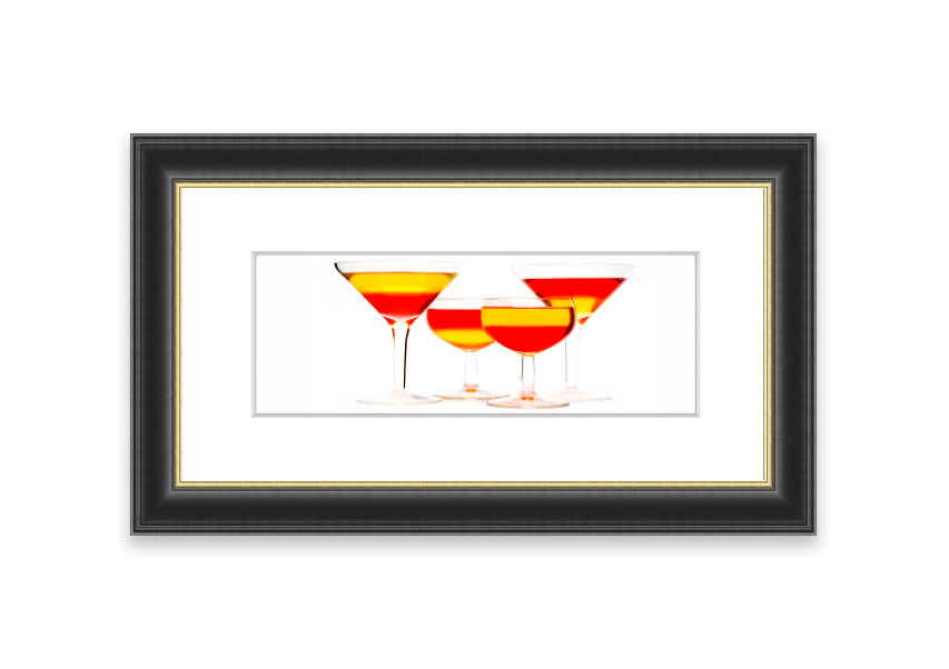 Framed print titled 'Anyone For Cocktails' showcasing vibrant cocktail-themed artwork, available in various frame colors.