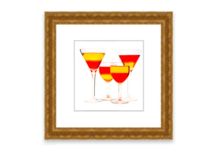 Framed print titled 'Anyone For Cocktails' showcasing vibrant cocktail-themed artwork, available in various frame colors.
