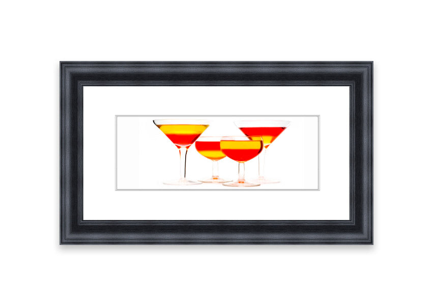 Framed print titled 'Anyone For Cocktails' showcasing vibrant cocktail-themed artwork, available in various frame colors.