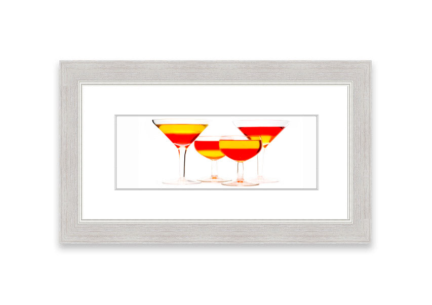 Framed print titled 'Anyone For Cocktails' showcasing vibrant cocktail-themed artwork, available in various frame colors.