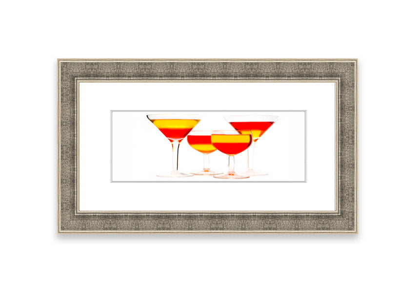 Framed print titled 'Anyone For Cocktails' showcasing vibrant cocktail-themed artwork, available in various frame colors.