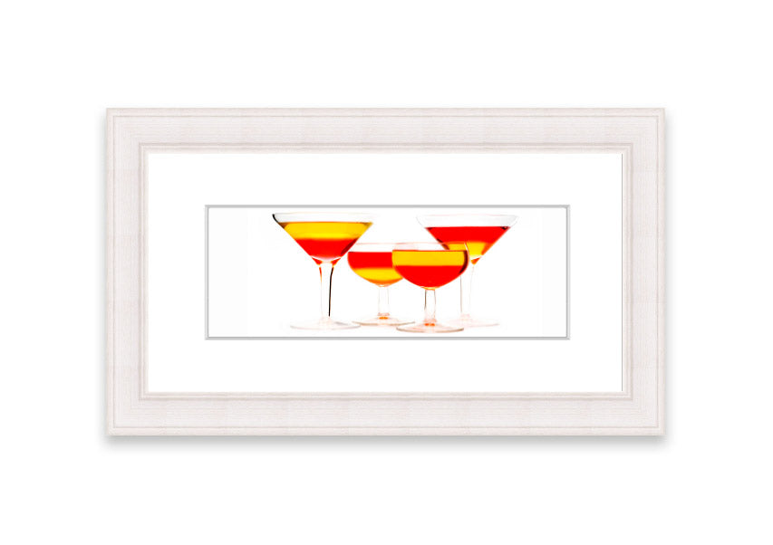 Framed print titled 'Anyone For Cocktails' showcasing vibrant cocktail-themed artwork, available in various frame colors.