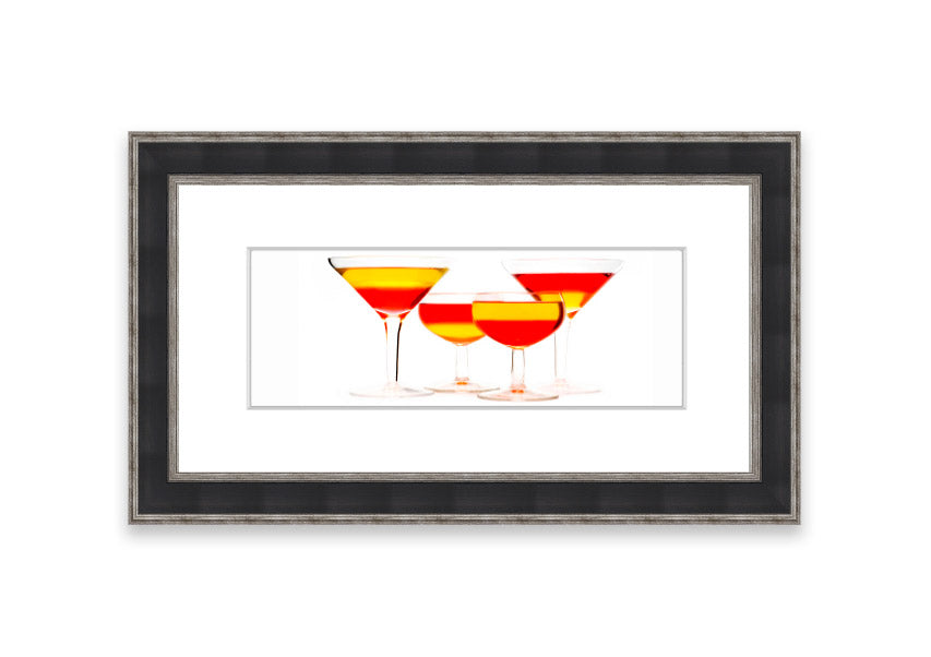 Framed print titled 'Anyone For Cocktails' showcasing vibrant cocktail-themed artwork, available in various frame colors.